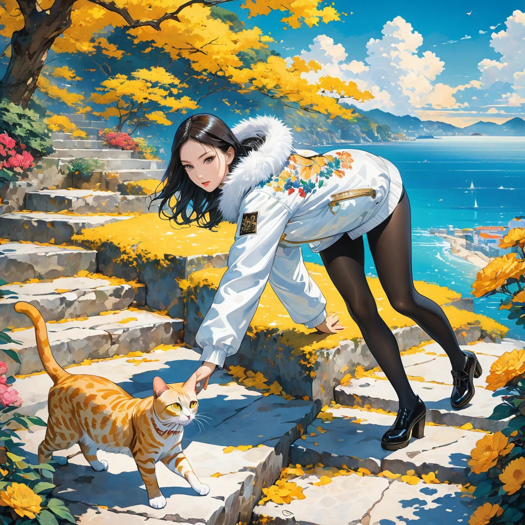 1girl, solo, Nekomata on all fours on stone steps with a view of the sea, yellow cat eyes, black mask, cat tail and short white fur jacket, tight all-over black tights under short white fur jacket, cat claws, brown one-side-parted hair, anthropomorphic female cat, digital colorful landscape, leading to a beautiful view. female-panther pose, 2D illustration, kanekostyle, graphic design, by Kazuma Kaneko, eye shadow, eyelashes