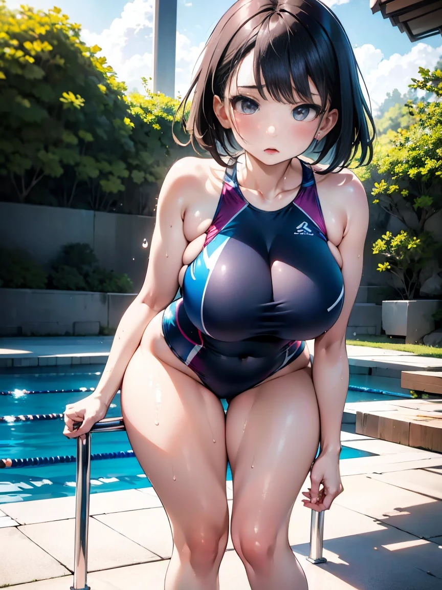        modest Japanese woman      , , (      black short bob hair      ),    plump body,       Dark Eyes,( Standing and leaning forward  )    , (    wearing a dark blue swimming suit   ), Big Breasts ,    leaning on a chair 、  show her butt to the viewers   、   show her butt to the viewers  who are wearing dark blue swimming pants  、   Seductive Poses ,       full body shot   ,  Back posture   、A little angry face、 At the pool.     balanced head and body      