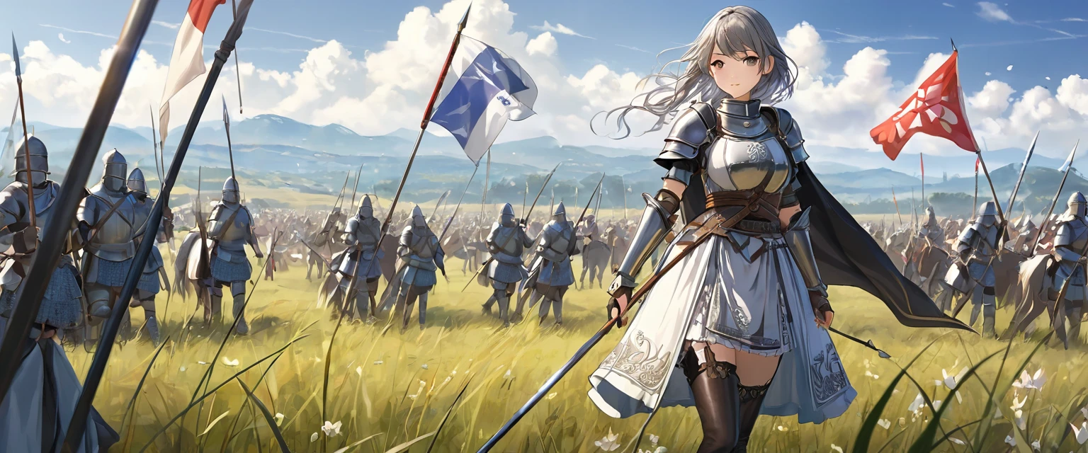 (  Highly Detailed CG Octane Rendering 8K Wallpaper ),  World's Most Beautiful Artwork  ,  Long Spear with a Flag , Complex,  high detail, ８  girl , Silver embroidery, Medieval Long Cotton Dress （With panniers）, cotton cloth,  will raise their skirt , Strong winds, Transparent slip, Translucent Tights  , Peeking from below, Best Quality, Disarray of clothing,  lies down, underwear,  show off your thighs, knight , Skirt lining, Bloomers、 Leather Armor、 with a flag attached to a long spear ,battlefield、grassland