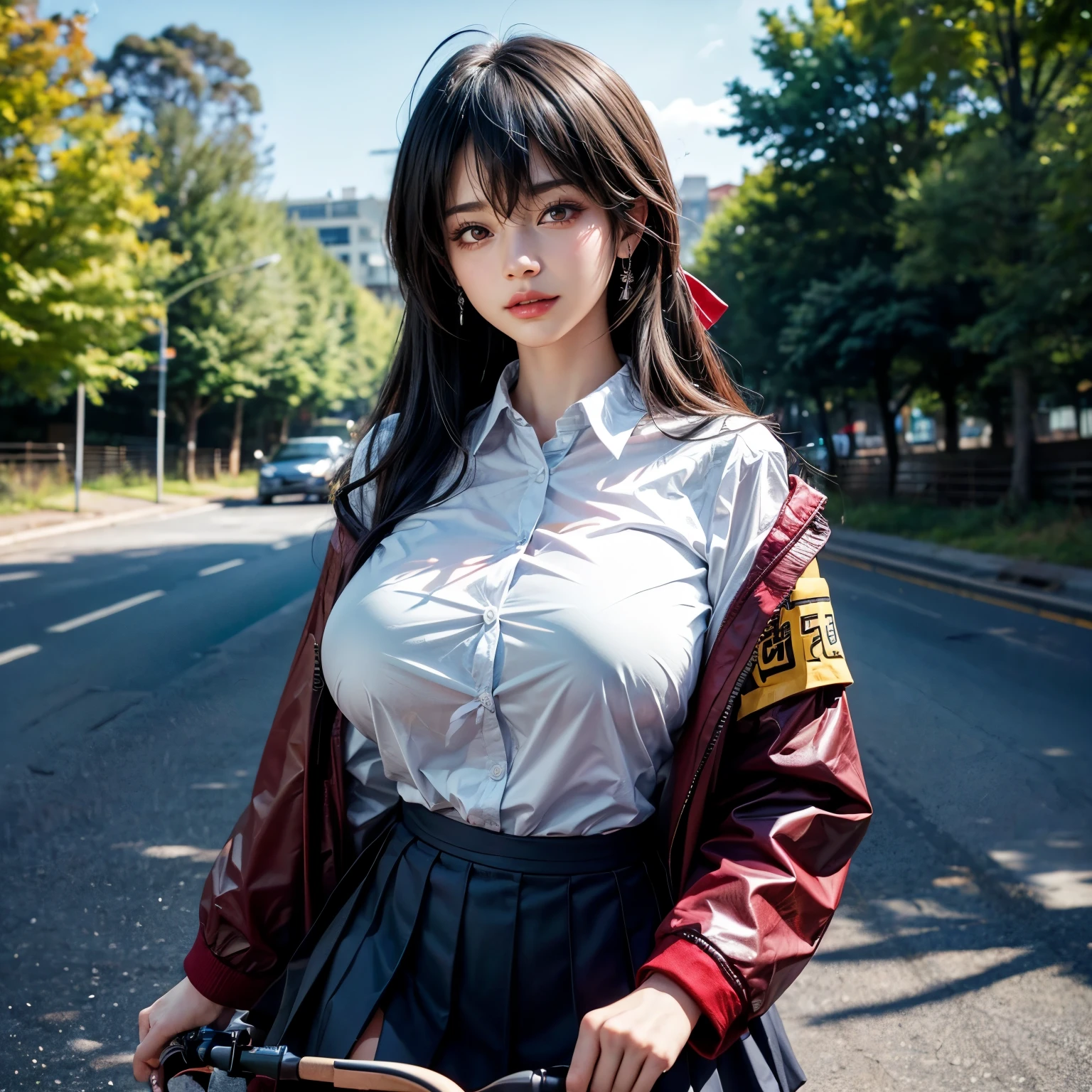 a cute school girl with big breasts, (huge breasts:1.5), JK, beautiful detailed lips, wavy brown hair, riding a bicycle on a country road, lush green trees and flowers, clear blue sky, sunlight, cinematic lighting, vibrant colors, photorealistic, (best quality, 8k, highres, masterpiece:1.2), extremely detailed, realistic, photo-realistic:1.37, (taihousweet), (school girl uniform), white shirt long sleeve, (red jacket)