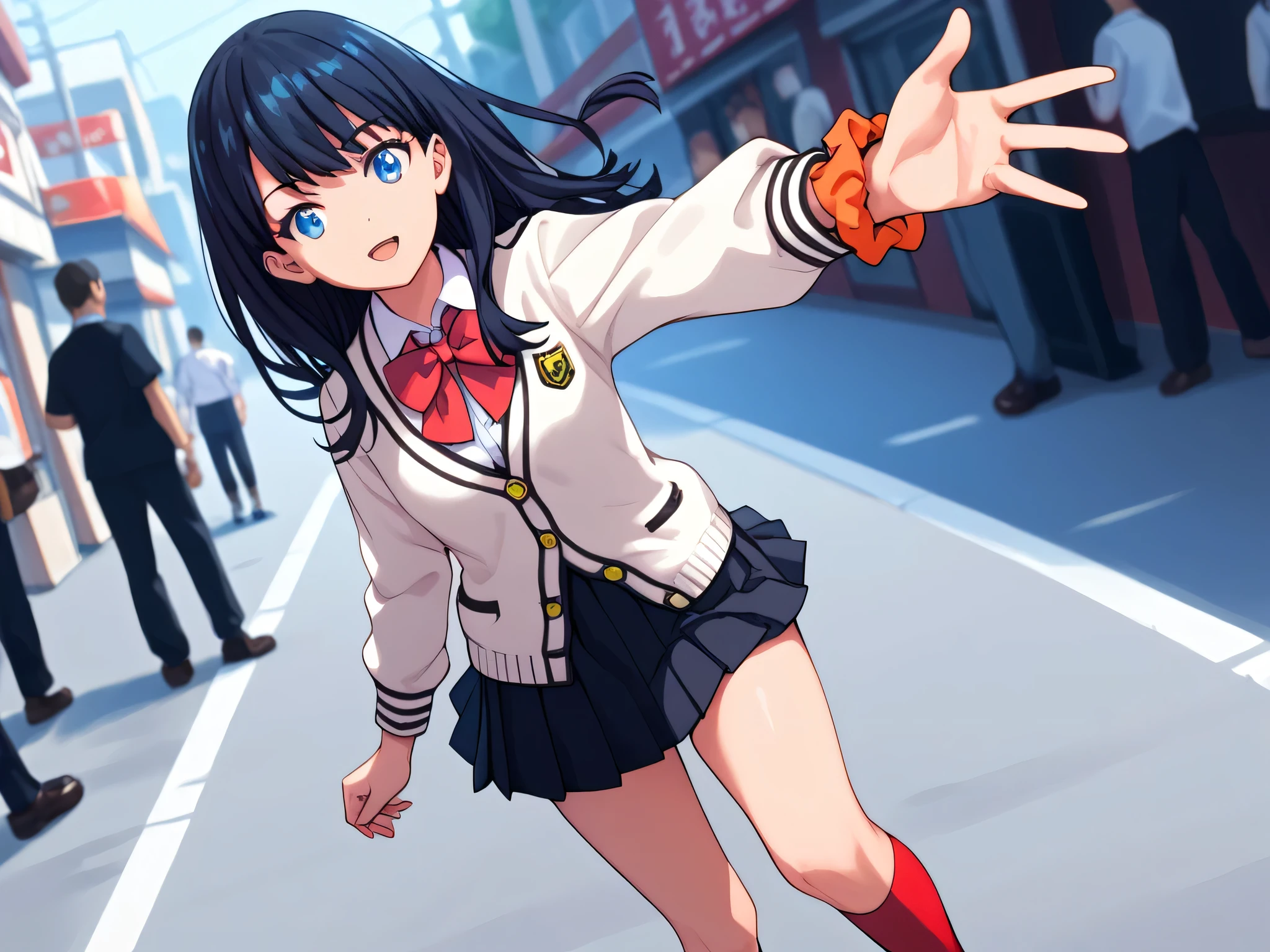 score_9, score_8_up, score_7_up, source_anime, rikka takarada, black hair, blue eyes, long hair, orange scrunchie, scrunchie, wrist scrunchie, black footwear, black skirt, bow, bowtie, buttons, cardigan, collared shirt, long sleeves, microskirt, pleated skirt, red bow, red bowtie, red socks, school uniform, shirt, shoes, skirt, socks, thighs, white cardigan, white shirt,, street market, vendor, street food, bustling crowd, local flavor, vibrant, , looking at viewer, hand reaching forward, knee up, arm down, solo,, cowboy shot, dutch angle