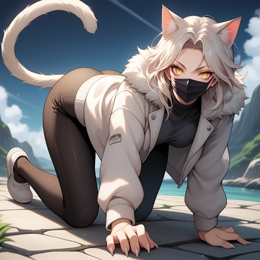 score_9, score_8_up, score_7_up, source_anime, 1girl, solo, Nekomata on all fours on stone steps with a view of the sea, yellow cat eyes, black mask, cat tail and short white fur jacket, tight all-over black tights under short white fur jacket, cat claws, brown one-side-parted hair, anthropomorphic female cat, digital colorful landscape, leading to a beautiful view. female-panther pose, 2D illustration, kanekostyle, graphic design, by Kazuma Kaneko, eye shadow, eyelashes