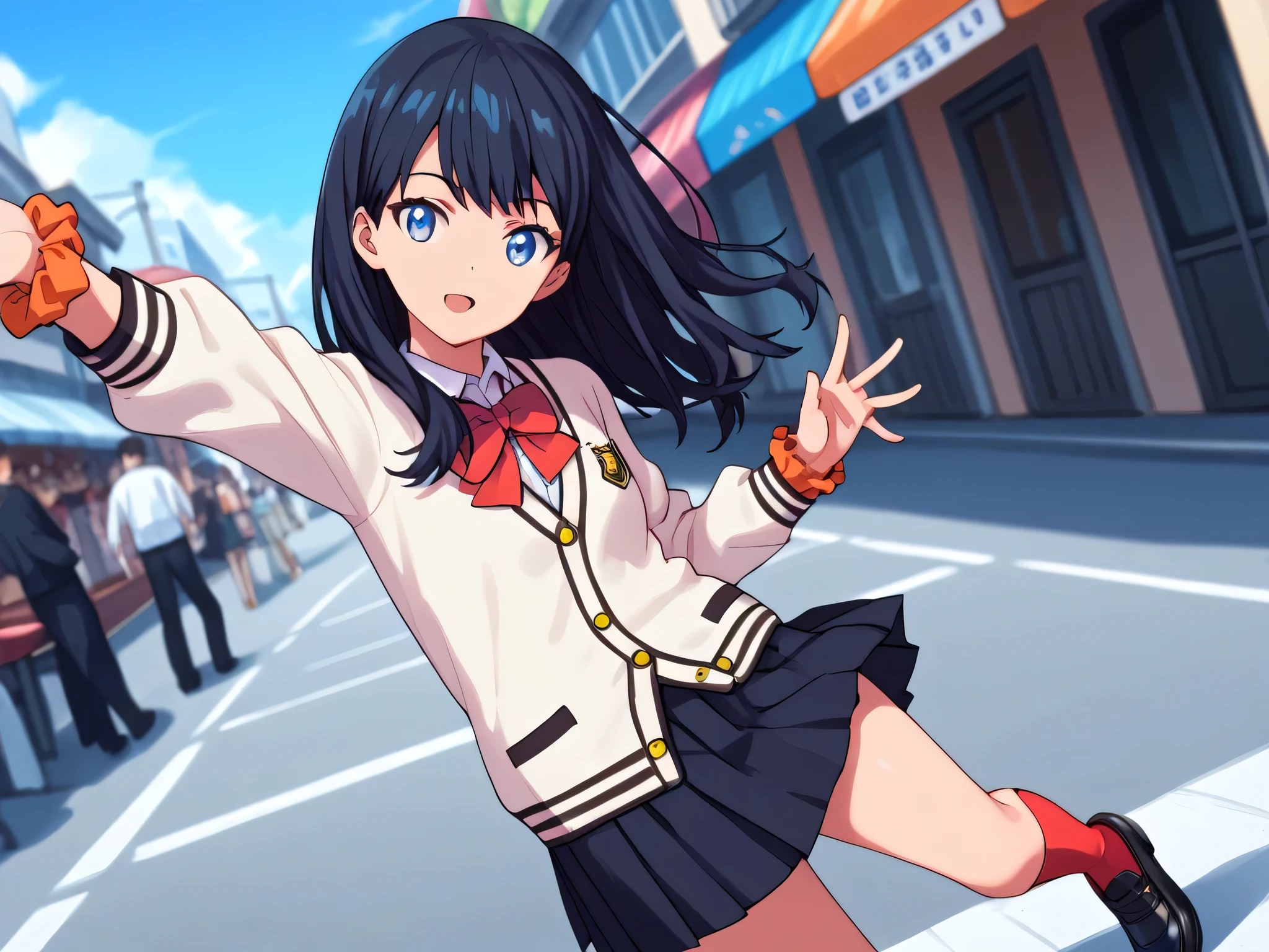 score_9, score_8_up, score_7_up, source_anime, rikka takarada, black hair, blue eyes, long hair, orange scrunchie, scrunchie, wrist scrunchie, black footwear, black skirt, bow, bowtie, buttons, cardigan, collared shirt, long sleeves, microskirt, pleated skirt, red bow, red bowtie, red socks, school uniform, shirt, shoes, skirt, socks, thighs, white cardigan, white shirt,, street market, vendor, street food, bustling crowd, local flavor, vibrant, , looking at viewer, hand reaching forward, knee up, arm down, solo,, cowboy shot, dutch angle