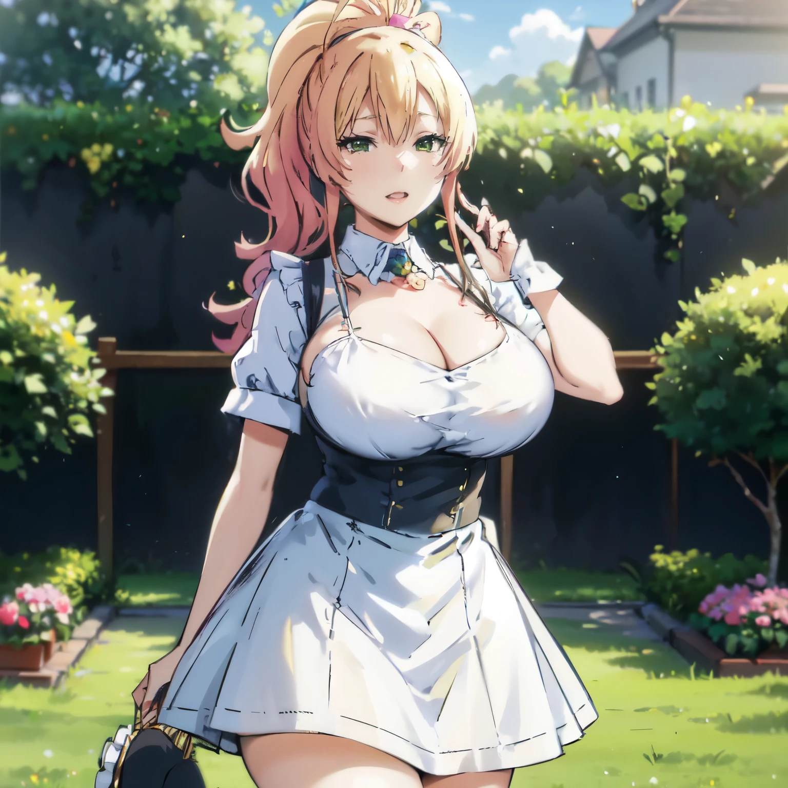 Blonde hair, very huge tits , ((white maid uniform, short skirt, maid hat,)), ((thick, busty)), green eyes, ponytail hair, upperbody, smile, cleavage, legs, thigh, garden flower background, randome pose