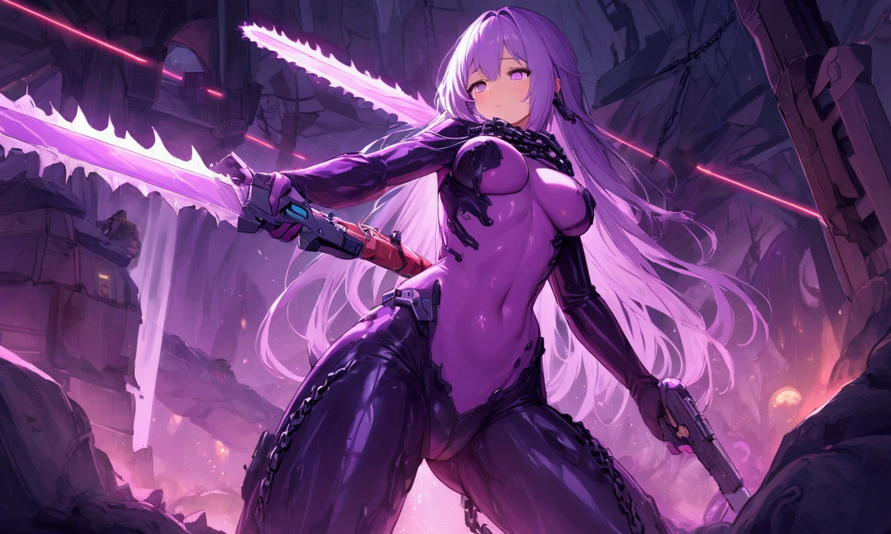 A cute woman (violet hair, violet eyes, sexy violet body suit extremely revealing, some electronic components on the suit with lit displays, laser pistol, chain sword (chain saw bladed sword makes a real bloody mess of foes)), role of space pirate captain, she is raiding an alien lair for eggs but it is infested with tentacle rape monsters. High action, fighting off slimy tentacles that seek to disrobe her. Tentacle peril. sci fi combat. Ruined high tech structure.
