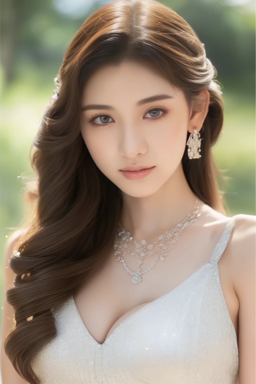 ((1 girl in:1.3)),Light Brown Tassel Hairstyle 、 disheveled hair、 light brown eyes 、( A solemn expression )、((Fashion magazine clothing ))、( big breasts :1.4)、Emphasize the Valley、( realistic )、( intricate details :1.2)、(masterpiece、:1.3)、(high quality:1.4)、( Ultra High Resolution :1.2)、 Ultra High Resolution 、( delicate eye)、( Detailed facial features )、(( Silver necklace ))、 Pose like a fashion model