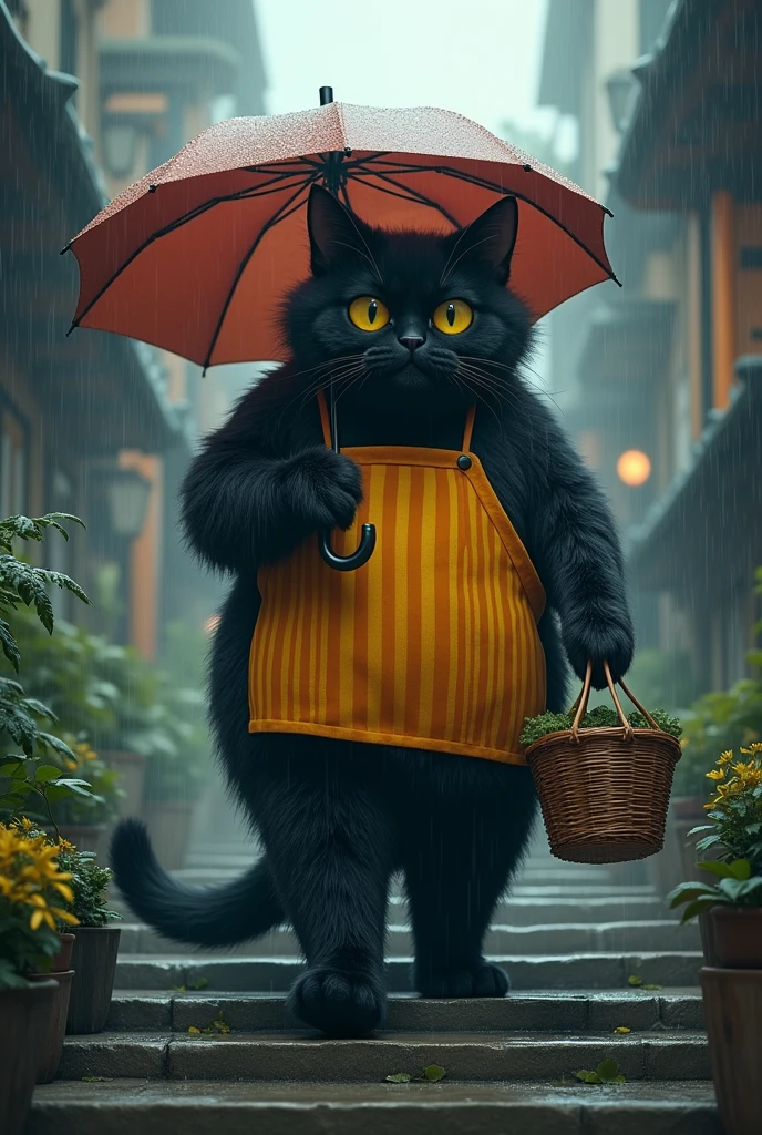 Super realistic illustration, Detailed Fantasy art, Cinema 4D rendering, A huge anthropomorphic furry black cat wearing a yellow and orange striped apron is holding a shopping basket and an umbrella in the rain, Squinting yellow eyes with no pupils, He is walking down the stone steps. 