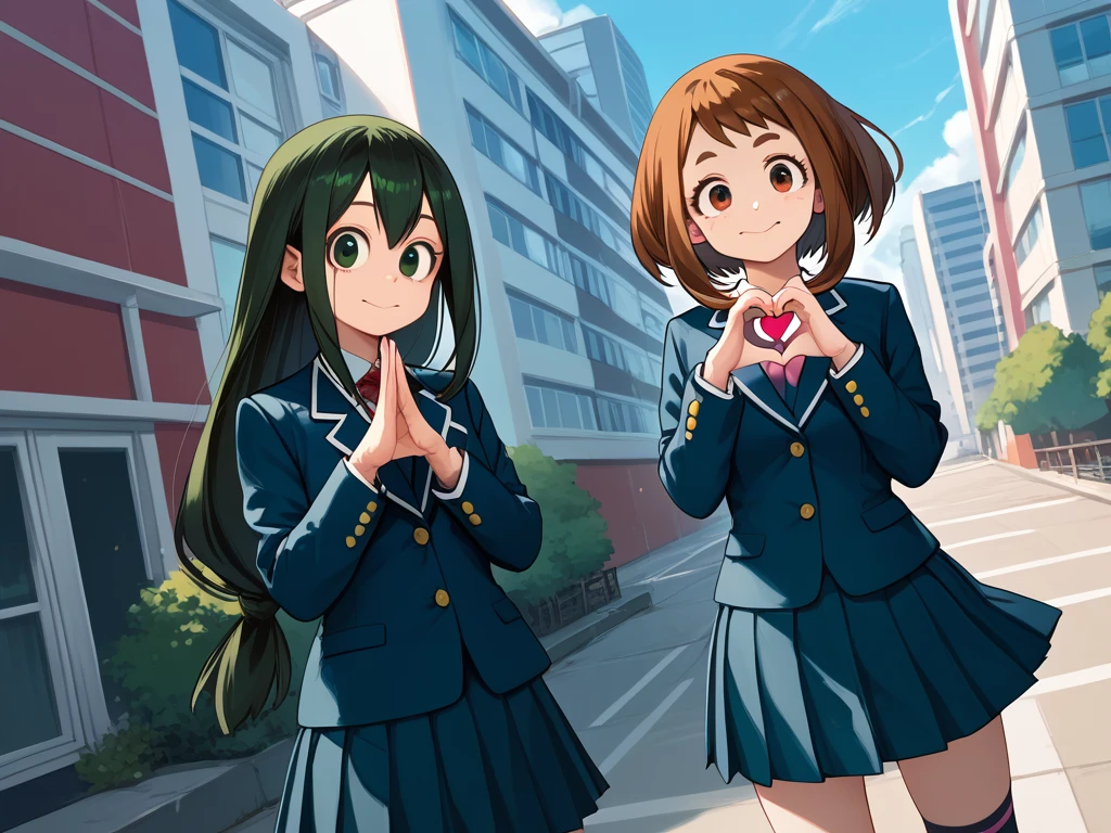 2girls, uraraka ochako, asui tsuyu, u.a. school uniform, skirt, official costume, outdoors, city, general, 
standing , heart hand duo, cowboy shot, looking at viewer, dutch angle, Relieved, Mouth turned up slightly, eyes wide open, and a relaxed jaw.,,