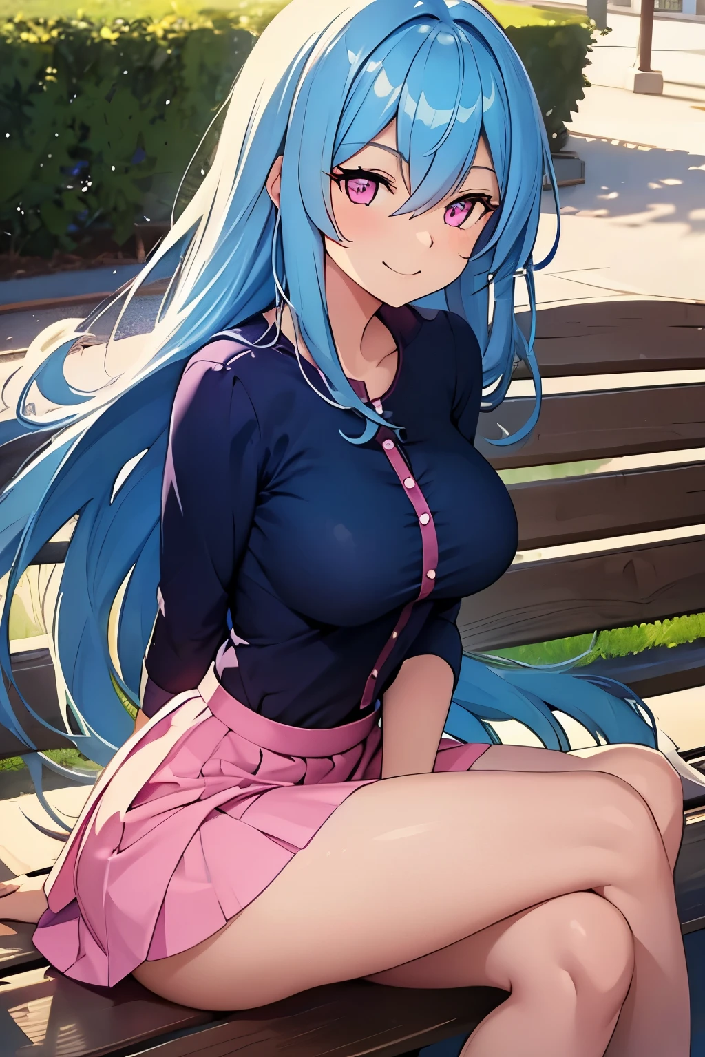 girl,BIG breast,really long blue hair,PINK eyes,happy,big smile,small butt,sitting on a bench,looking at the camera,crossing legs really short skirt