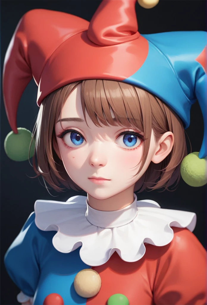 masterpiece, best quality , highly detailed, score_9, score_8_up, score_7_up, score_6_up, BREAK
remember , 1girl, One, Jester's cap, has, looking at the viewer, closed mouth, puffy sleeves,  short sleeves , brown hair , puffy  short sleeves , upper body,  Short hair,  blue eyes, bang, frowning,the circus at the table is slurping soup