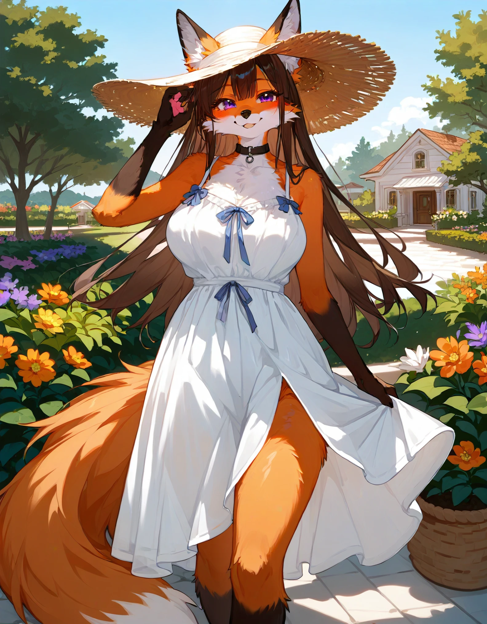 score_9,score_8_up,score_7_up, source_furry, ((Anthro furry fox girl, brunette hair, orange fur)), purple eyes, fox paws, long hair, seductive smile, sun hat, (sundress), large breasts, wide hips, choker, outdoors, modern house, garden, looking at viewer, modest pose