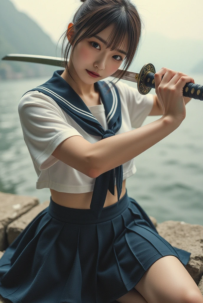 A beautiful Japanese woman waves a Japanese sword,  Japanese high school sailor uniform,  perfect anatomy:1.21,  has a small head:1.331, Slender body:1.331,  thin waist:1.331, Expression of absolute beauty , Perfect composition, Proper placement, Golden Ratio, 
