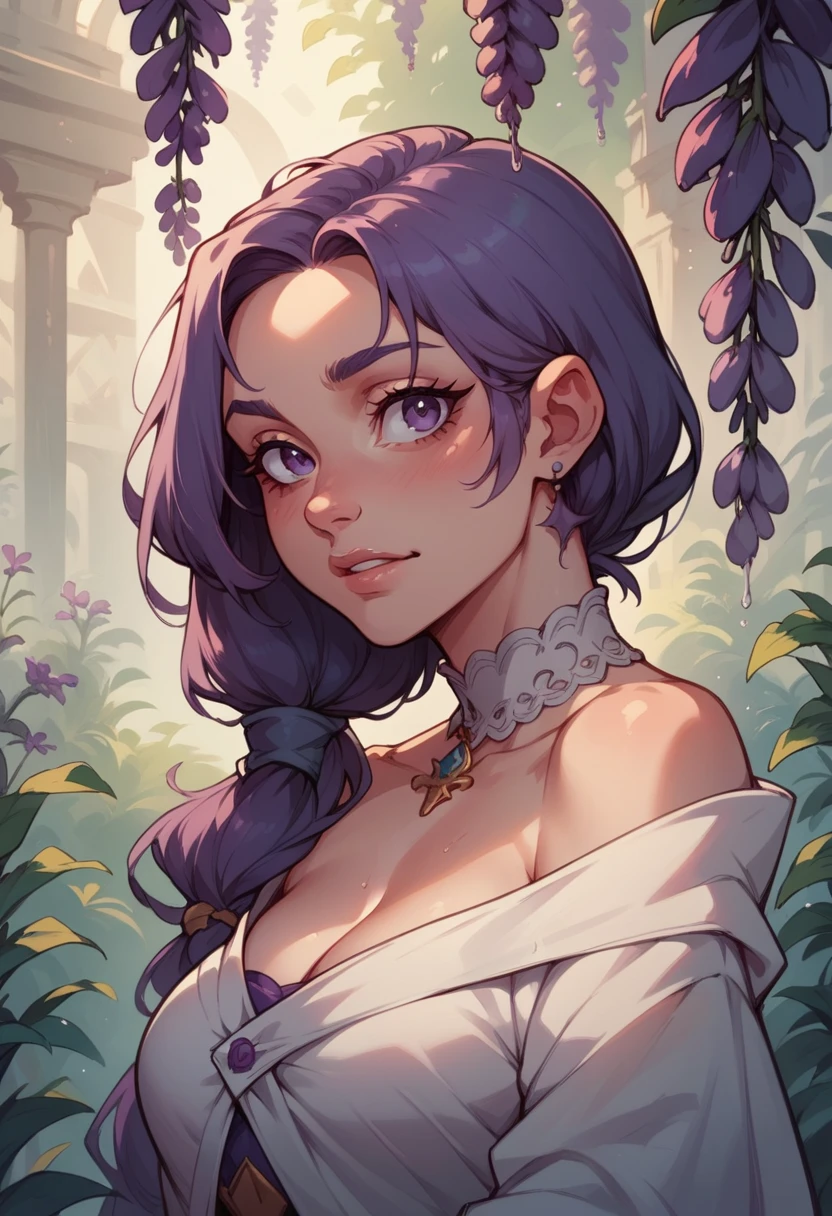 Hermosa mujer, arte digital, grandes pechos, tetas grandes, senos redondos, cabello largo, cabello con destellos violetas, ojos grandes de color violeta, cintura estrecha, small, upturned nose, alta calidad, altamente detallada, cuerpo voluptuoso, cuerpo completo