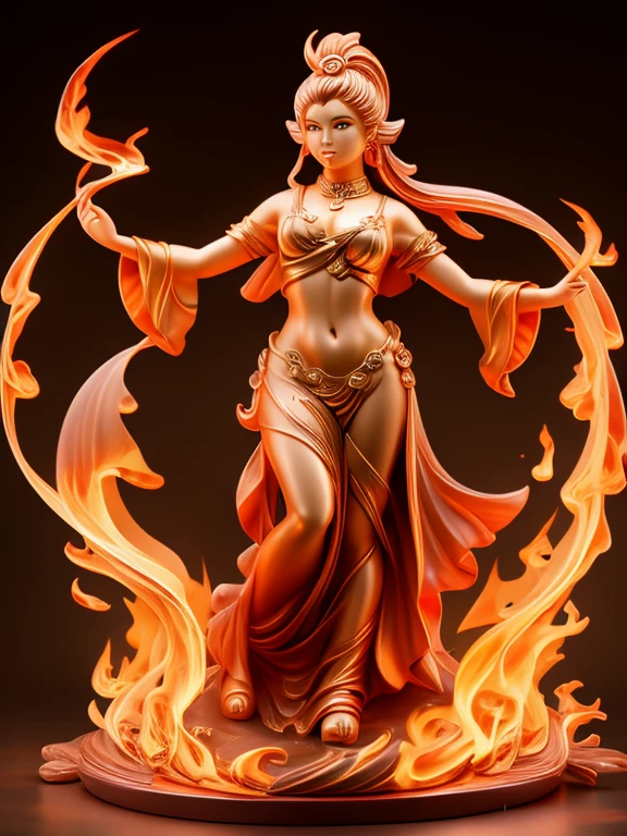 A beautifully sculpted and powerful lava representation of a woman in motion captures the essence of a Renaissance masterpiece. Wearing headphones, raising a fist, winking, let's go! , idol, cute, smiling, gut punch, futuristic full body coordination, attracting audience, bustle, energetic, dynamic position, bright studio, poster-like scene, high tension rhythm, eyes The flowing robes and dynamic pose suggest grace and vigor frozen in time. This stunning sculpture, possibly a lava sculpture, exudes elegance and strength, with intricate details that demonstrate the artist's skill and vision. The blend of classic beauty and fiery intensity makes this piece a true work of art.