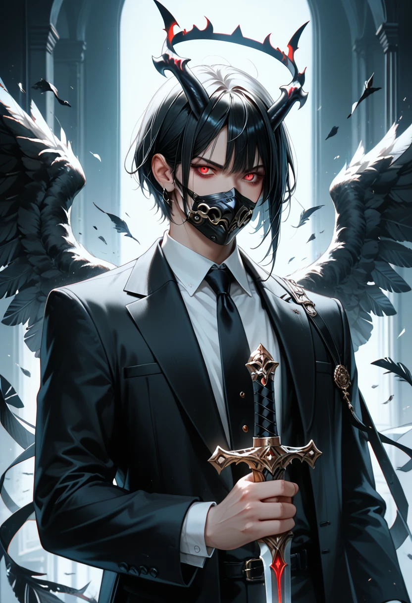 Black winged angel, wearing a black mask, wearing a black suit, having black horns, holding a sword, red eyes, dark and black aura, best quality