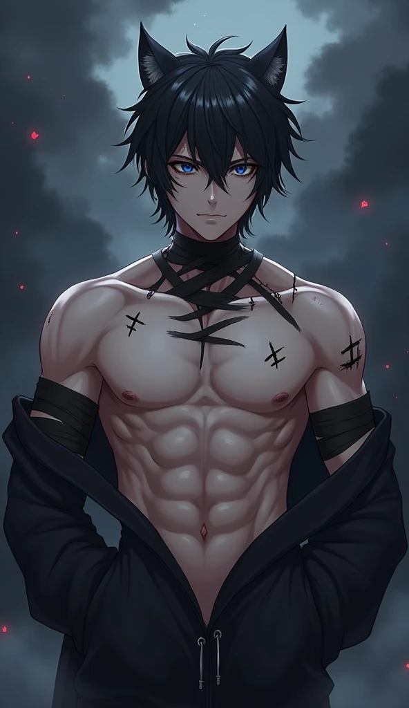 a naked handcuffed mato kuroi from black rock shooter sitting on an emo guys lap, space, space ship, futuristic, bdsm, bodnage, sex,rape , forced, sexual intercourse, handcuffed, restrained,