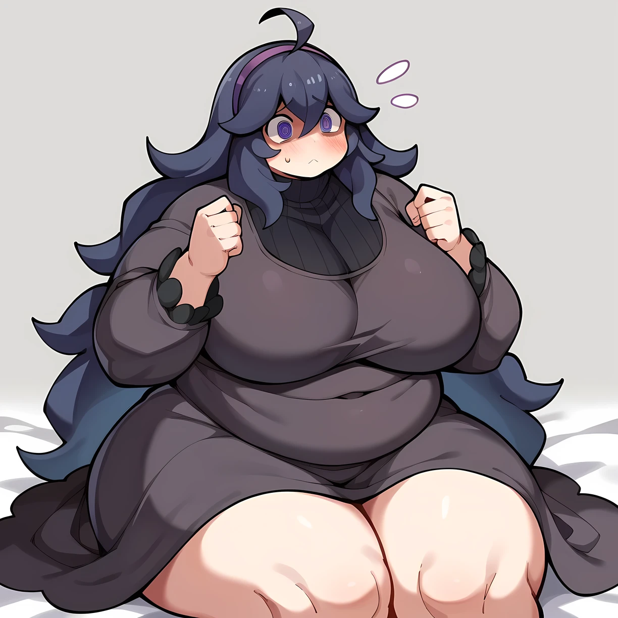 score_9, score_8_up, score_7_up,
BREAK
source_anime,
BREAK
hex maniac \(pokemon\), pokemon, 1girl, purple eyes, purple hairband,
shy, blush, long hair, ahoge, @_@, large breasts, long dress, black dress, long sleeves, fat, chubby, obese, gigantic arms and legs, sitting
 