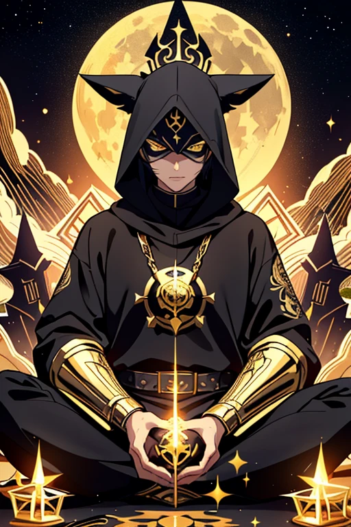 High quality, masterpiece, best detail, man in black armor with golden runes, wolf ears on black hood with golden runes, black mask with golden runes, moon overhead, meditating in lotus position, using destroying magic of the foundation of the universe