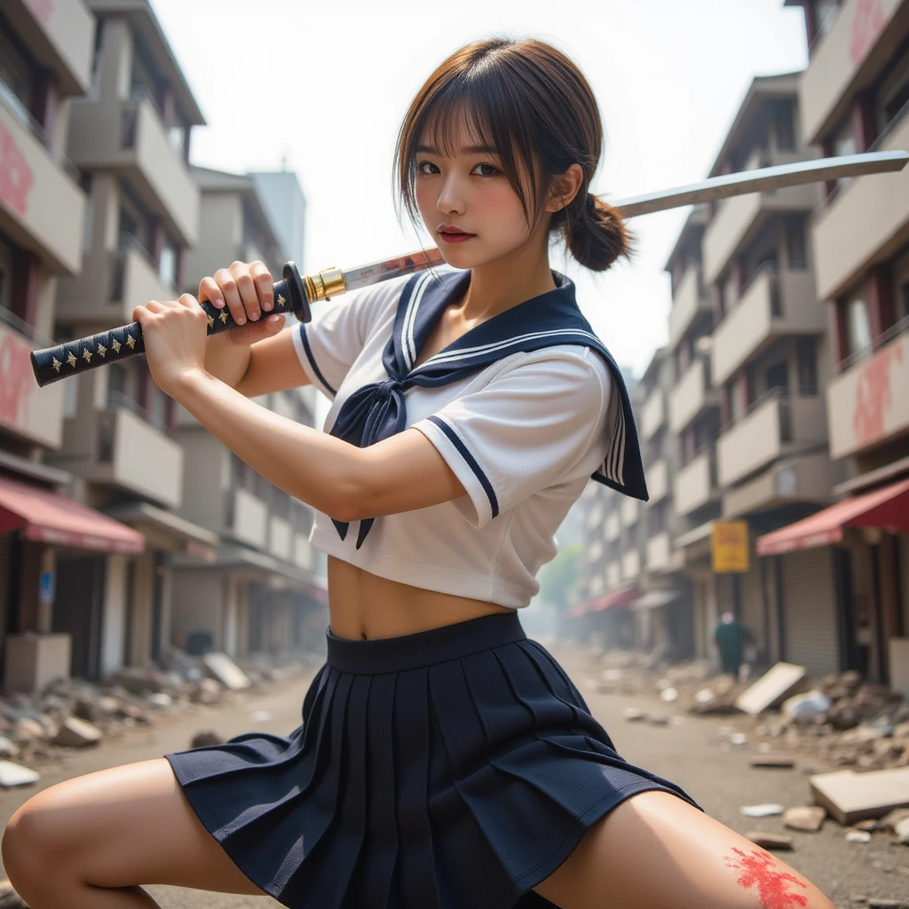  A beautiful Japanese woman waves a Japanese sword,  dynamic pose, Red paint scatters all over the screen , Female Soldier, Japan's perfect high school sailor uniform, perfect anatomy:1.21,  has a small head:1.331, Slender body:1.331,  thin waist:1.331,  ruined city, Tokyo turned into a battlefield , Expression of absolute beauty , Perfect composition, Proper placement, Golden Ratio, 
