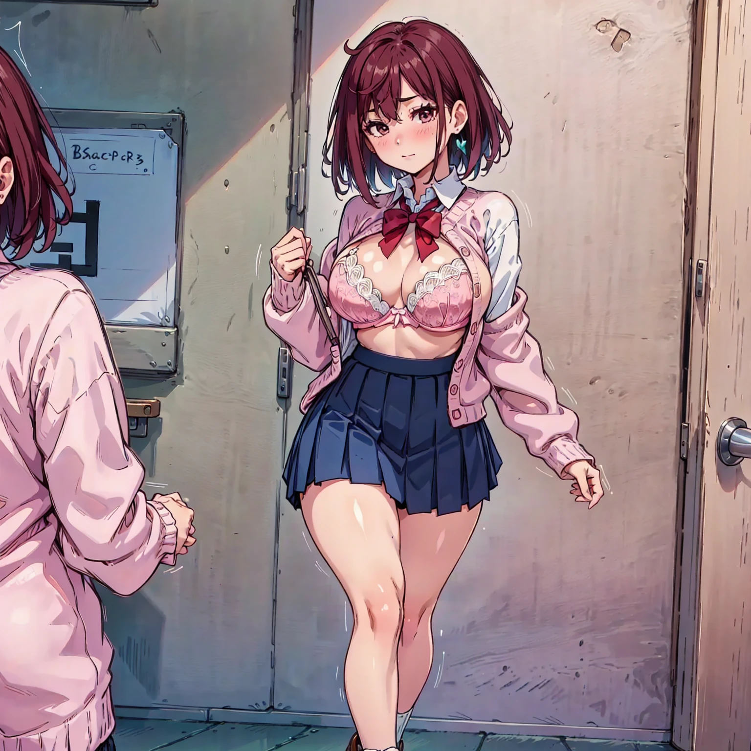 High school girl、alone、 hair is brown 、With bangs、 red ribbon、 pink cardigan 、 white bra、 navy blue skirt、 the pleats are narrow 、 length short skirt 、 miniskirt、Beautiful breasts、Big Breasts、Busty、超Big Breasts、Small waist、Small Ass、 Video 、 long foot、Brown leather shoes、