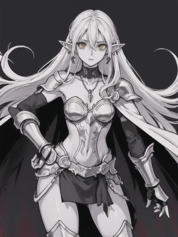 a woman, 1girl, elf, pointy ears, solo, white hair, long hair, pale face, jewelry, flat chest, orange eyes, looking at viewer, necklace, hair between eyes, earrings, black armor, cape, dark plate armor, cowboy shot, very long hair, iron gauntlets, collarbone, standing, scabbard 