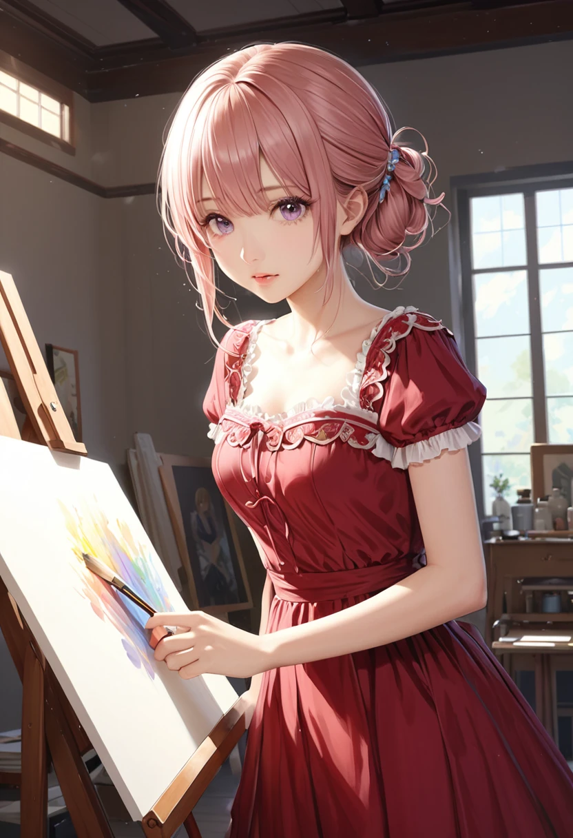 (((masterpiece))), (((best quality))), ((ultra-detailed)), (illustration), (detailed light), ((an extremely delicate and beautiful)), (beautiful detailed eyes), (sunlight), studio, easel, shine colorful, snmr, 1girl, shiina mahiru \(otonari no tenshi-sama\), otonari no tenshi-sama, Beautiful Girls, Dark dress, Red dress, Pink dress, Flower dress