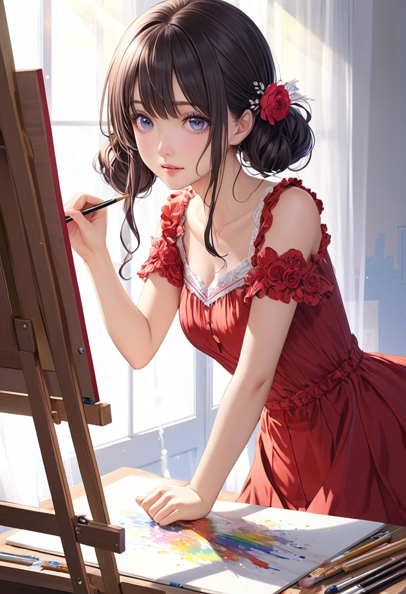 (((masterpiece))), (((best quality))), ((ultra-detailed)), (illustration), (detailed light), ((an extremely delicate and beautiful)), (beautiful detailed eyes), (sunlight), studio, easel, shine colorful, snmr, 1girl, shiina mahiru \(otonari no tenshi-sama\), otonari no tenshi-sama, Beautiful Girls, Dark dress, Red dress, Pink dress, Flower dress