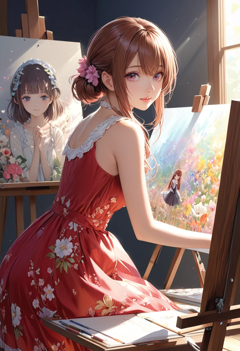 (((masterpiece))), (((best quality))), ((ultra-detailed)), (illustration), (detailed light), ((an extremely delicate and beautiful)), (beautiful detailed eyes), (sunlight), studio, easel, shine colorful, snmr, 1girl, shiina mahiru \(otonari no tenshi-sama\), otonari no tenshi-sama, Beautiful Girls, Dark dress, Red dress, Pink dress, Flower dress