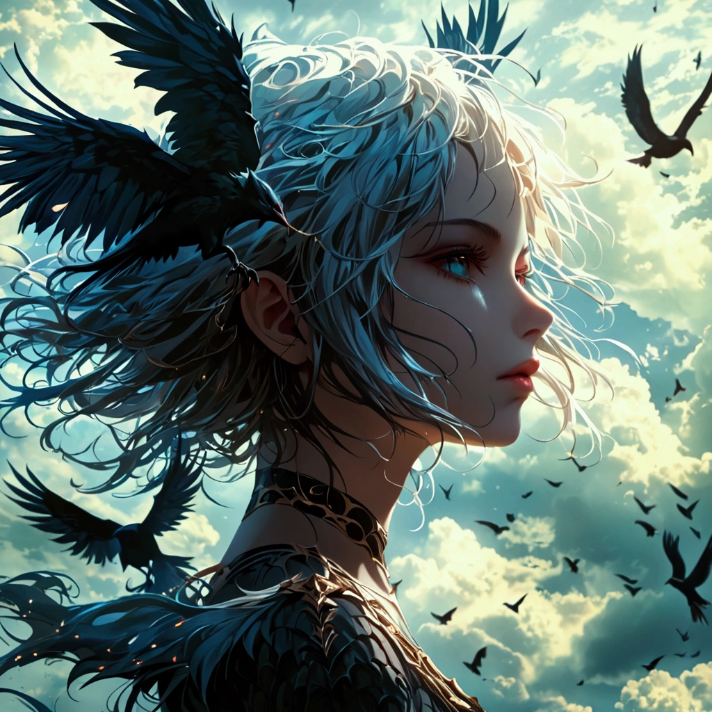  Aarakoca,  character of half girl, half bird , Flying in the sky,  very fine face and eyes ,  sophisticated hair information, Complex demon design , Dark Fantasy , Lighting that drama , Moody color ,  film composition ,  Photorealistic , 8k,  measurements,  Masterpiece 