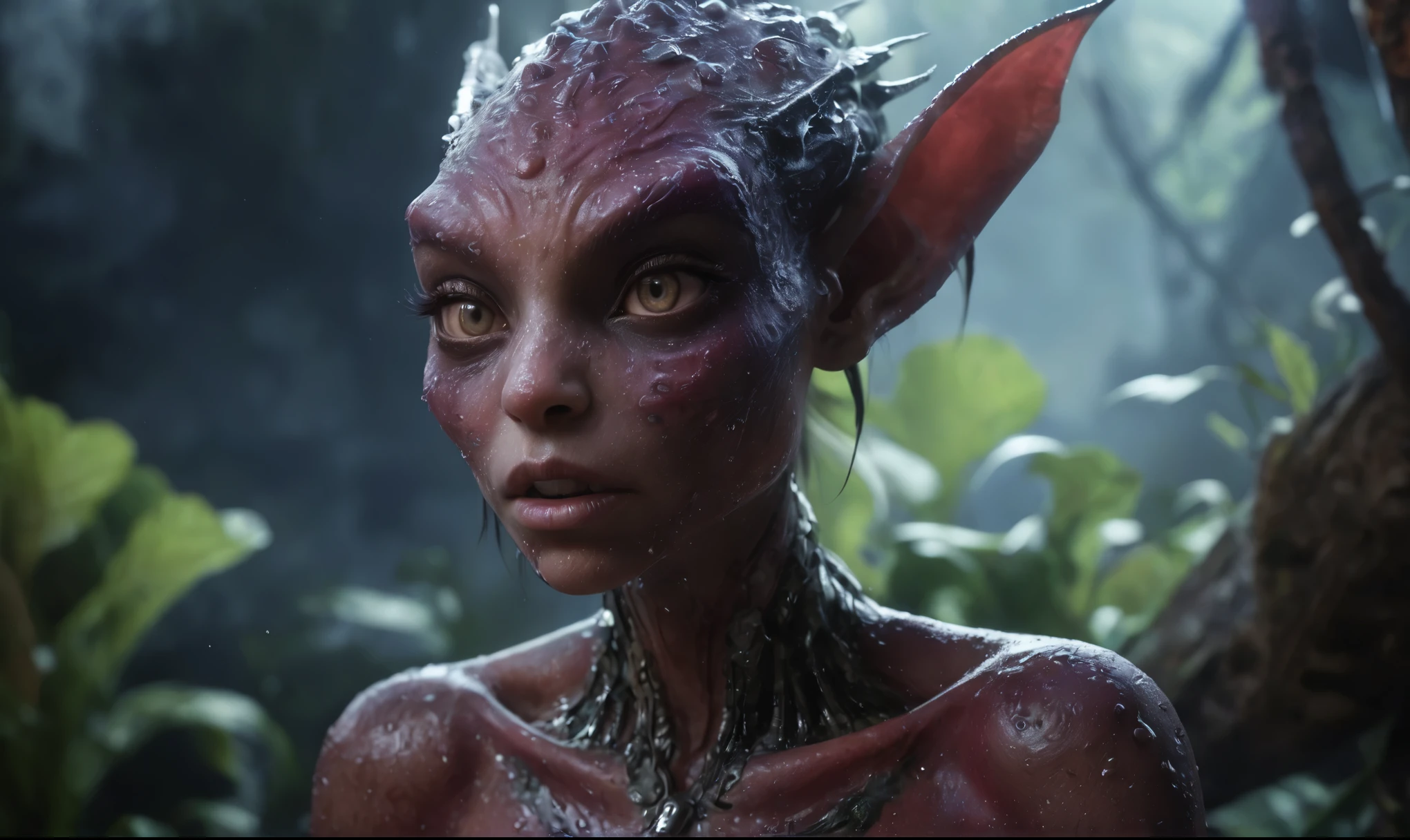 Splash art :: A detailed upper body portrait of Yoda ears, cute human neutral face by Bojan Jevtic + Ashley Wood:: Shirtless :: elf forest in the background ink splash + drip art + splash art :: splashes of oil, ultra-detailed background with black smoke :: intricate detailed, hyperdetailed, maximalist, 8k resolution concept art, Artstation