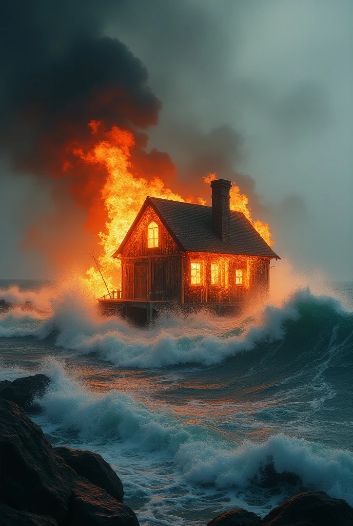 A building on fire during a storm surge with heavy rain