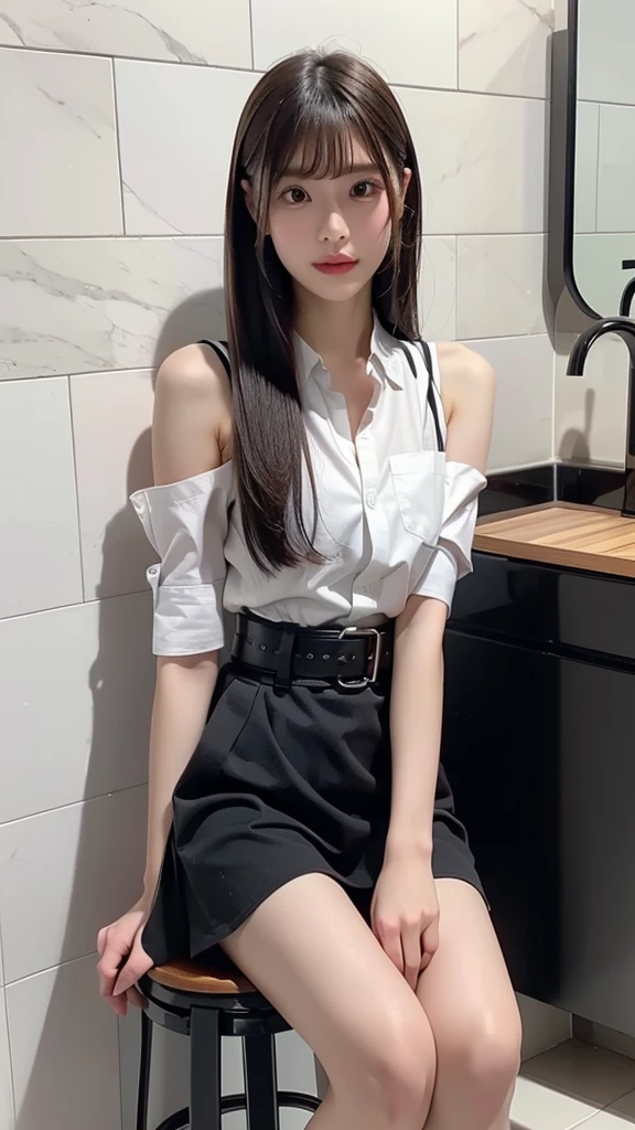  "A young Asian woman poses beautifully, seated on the edge of a black tiled bathroom sink. She is wearing a short-sleeved white button-down shirt tucked into a black skirt, accentuated with a brown belt. Her long hair cascades to her shoulders, and her left hand rests thoughtfully on her chin, adding balance to her graceful expression. The background features a stark white tiled wall, with a blue soap dispenser placed to the right. The overall scene is simple yet stylish, with a professional look."