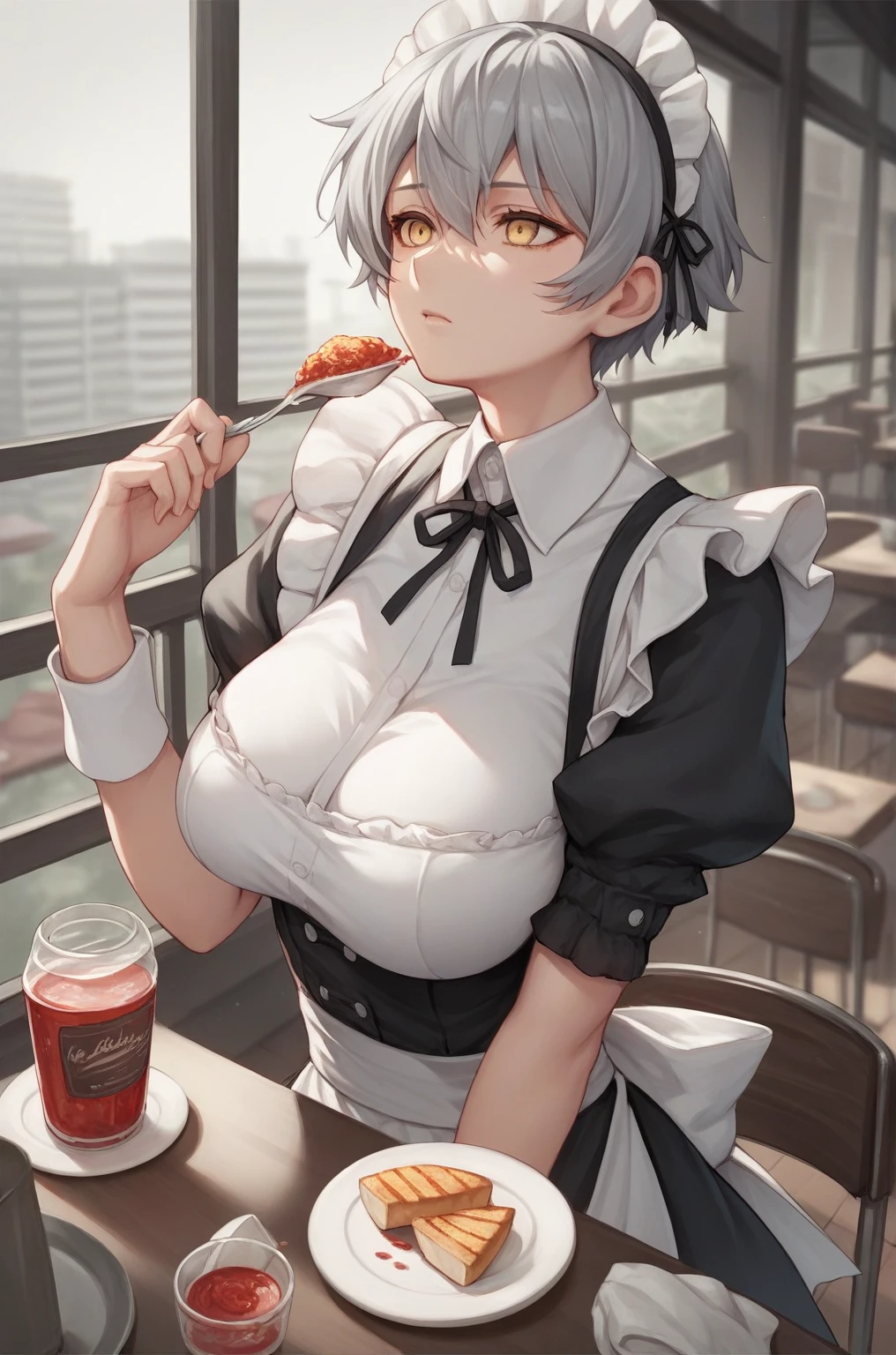 Anime artwork  score_9,  score_8_up,  score_7_up,  score_6_up,  score_5_up,  score_4_up, sauce_Anime, break,
Miyabi_4xl size, Yellow Eyes,  short hair, Gray Hair, break,  maid clothes, Pose, Cafe,Big Breasts
