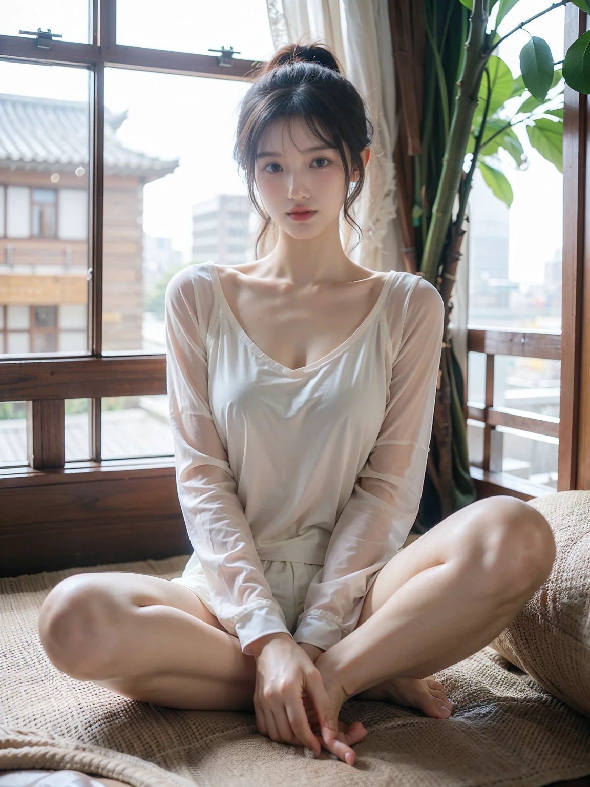 a beautiful korea woman sitting cross-legged at the end of the bed,big white window,curtain,a beautiful korea woman wear see-through pajamas and black begini,smile,sharp focus, The lighting in the image is a mix of natural light and shadows, creating a dappled effect. Sunlight filters through leaves, casting intricate patterns on the walls and ground, suggesting the image is taken indoors, possibly under a tree., realistic, good lighting, professional Photography, Photorealistic, detailed, RAW, analog, sharp focus, 8k, HD, DSLR, high quality, Porta 160 color, Fujifilm XT3, award winning, masterpiece,good hand,good finger,good nail.