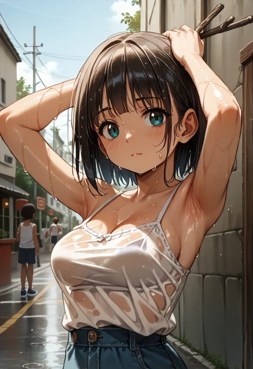 lighting like a movie、top-quality、Through the glass、wearing only a camisole and panties、girl with、full of sweat、Sheer nipples、embarrassed from、