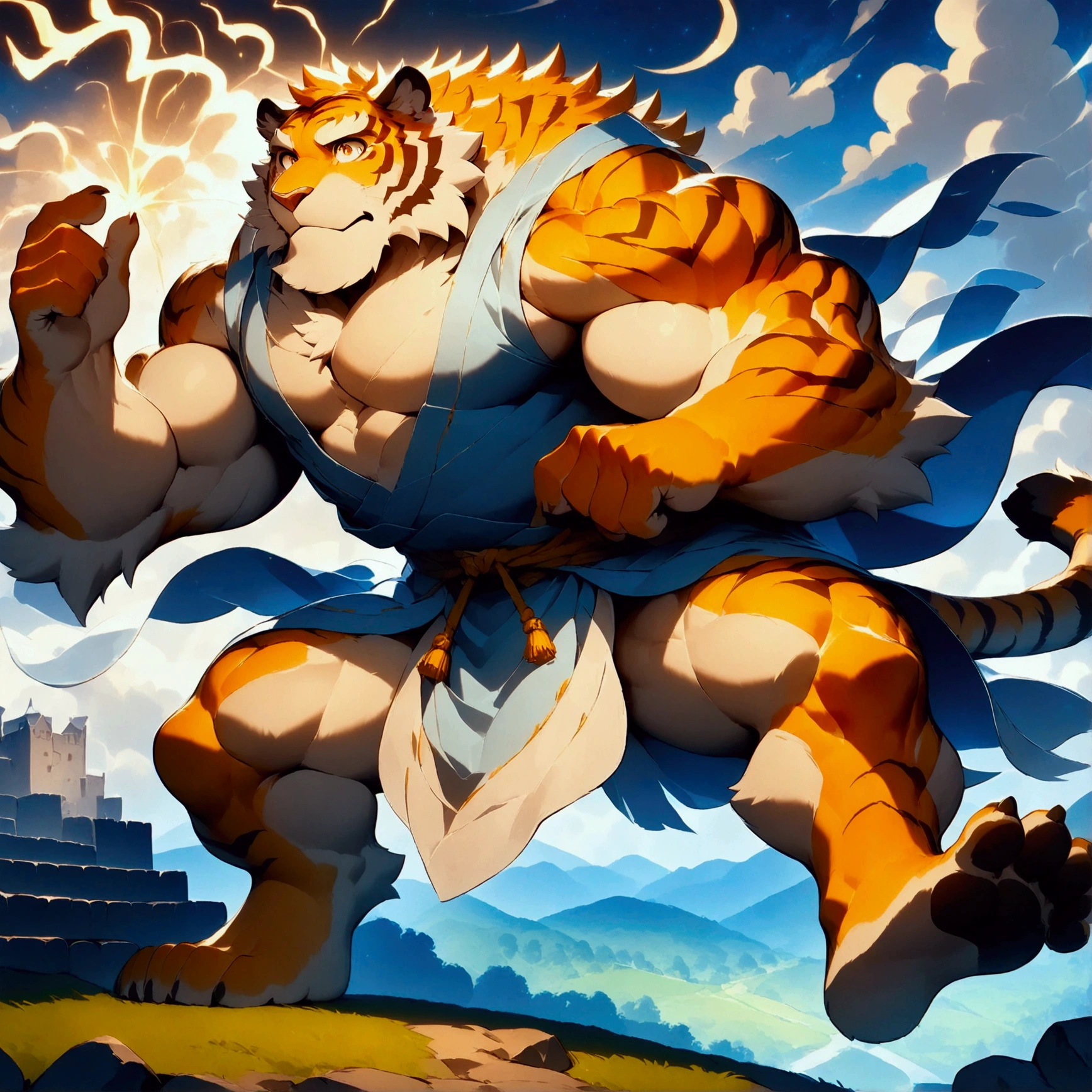 character focus, full body, looking away, dynamic angle, european fantasy, wizard, a muscular middle-aged tiger man, heroic costume clothes, robe, shirt, pants, casting thunder magic, spark effect, dynamic pose, BREAK complete anatomy, perfect proportions, beautiful thigh gap, fluffy body, intricate fur details, beautiful fur texture, BREAK a detailed tiger 1tail, detailed boots, detailed foot, detailed hands, 5fingers, 5fingers nails, BREAK aesthetic anime face, insanity detailed face, male face, big face, square jawline, aesthetic anime eyes, detailed brown eyes, detailed brown cornea, detailed dark brown irises, detailed pupils, male eyes, big eyes, male eyebrows, innocent look, beautiful beard, BREAK full body in Michelangelo Buonarroti style, digital illustration anime, housamo style, detailed painting landscape, moonlit night, old castle, path, outdoor, full color, HDR, BREAK masterpiece, official art, best quality, very aesthetic, absurdres, super fine illustration, great quality, BREAK noise reduction, very highres, large filesize, high quality, 32K, 8k wallpaper, dynamic lighting, BREAK insanity detailed, ultra detailed, intricate details, extremely detailed, detailed texture, an extremely delicate and beautiful, BREAK osukemo, e621 illustration, kemohomo, anthropomorphic, furry, cartoon, harmonious body, pastoral face, virtuous eyes, epic atmosphere