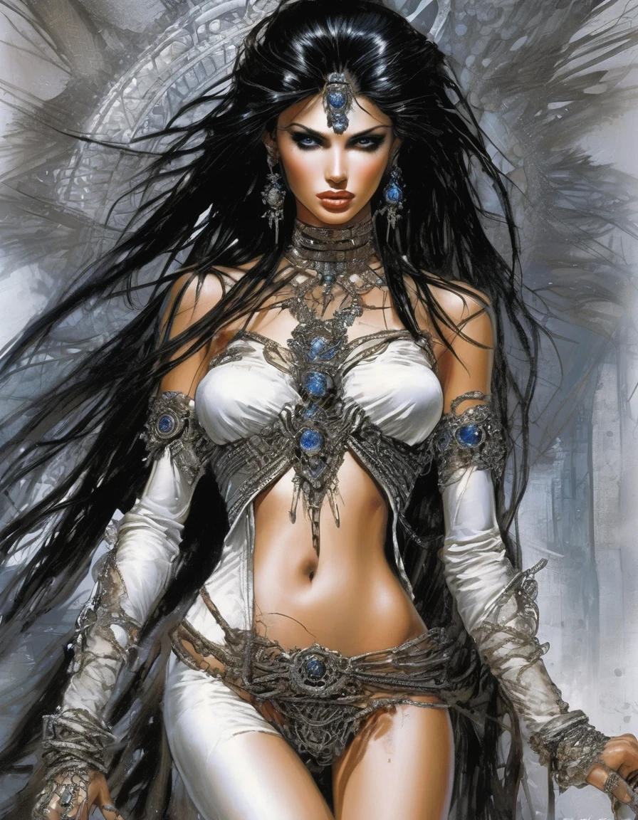 (Realistic:1.5), photorealistic, RAW photo, analog photo style, depth of field, ultra detailed photo of american indian woman, cute face, perfect body, dressed in minimal and sexy clothing with native and futuristic elements, 20 years old, she tilted her head but looking to camera, in idillic foggy hollow, dinamic pose, in style of Luis Rojo, naturally cinematic colors