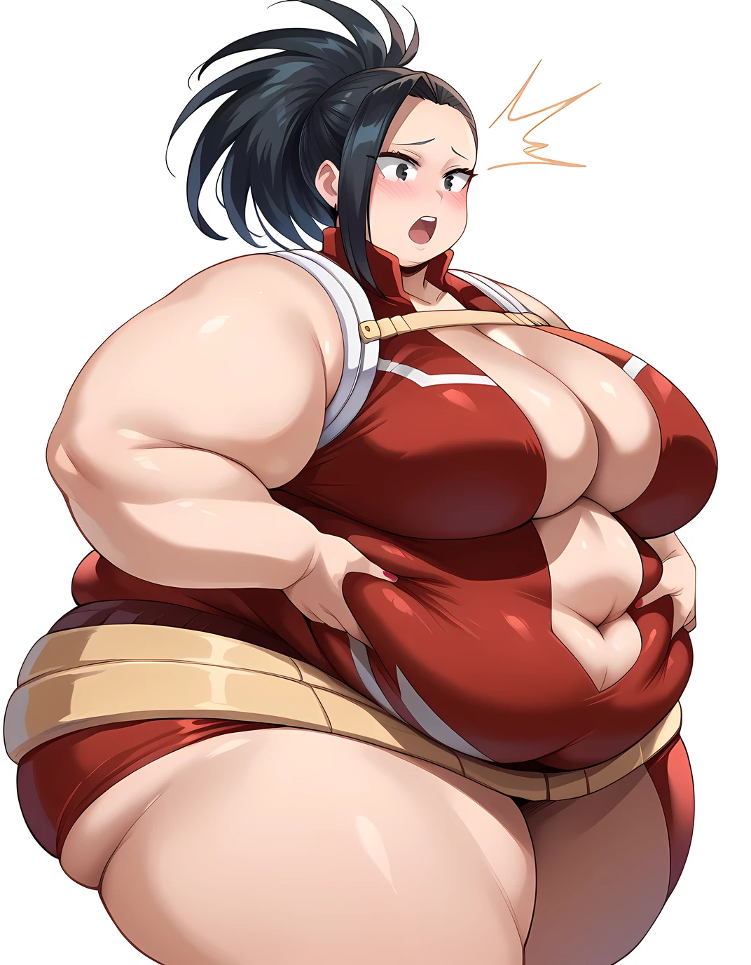 fat body, tall, yaoyorozumomo, black eyes, black hair, ponytail, long hair, hair pulled back, center opening, cleavage, red leotard, hero outfit, fat body, wide waist big . sexy body, sexy figure, fat thighs, sexy, wide waist, desireable, tempting, lust, fat, chubby, obese, gigantic arms and legs , blush, surprised, open mouth, grabbing belly