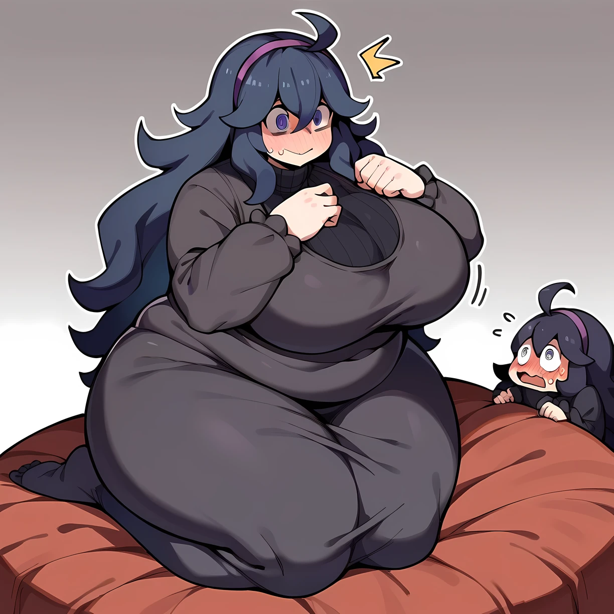 score_9, score_8_up, score_7_up,
BREAK
source_anime,
BREAK
hex maniac \(pokemon\), pokemon, 1girl, purple eyes, purple hairband,
shy, blush, long hair, ahoge, @_@, large breasts, long dress, black dress, long sleeves,,fat, chubby, obese, open mouth, out of breath, absurdres, highres icon, rating:General, confused, blush, spoken question mark, {flustered}, nervous sweating, portrait, pov hands, hand on another's belly, averting eyes, [looking away], straight-on, from below, swollen face, bulging belly
