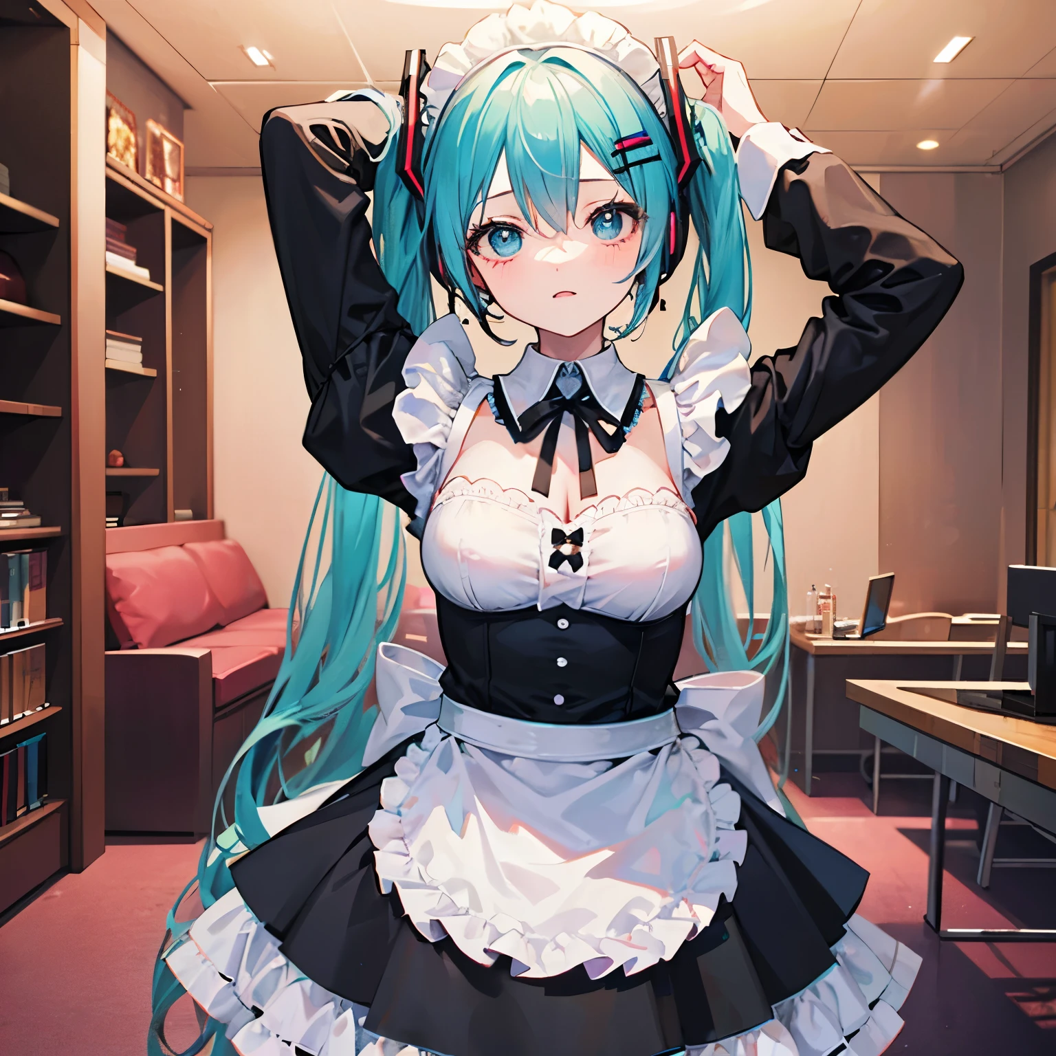 (((maid clothes)))), (((big)))), drunken eyes, Hatsune Miku,