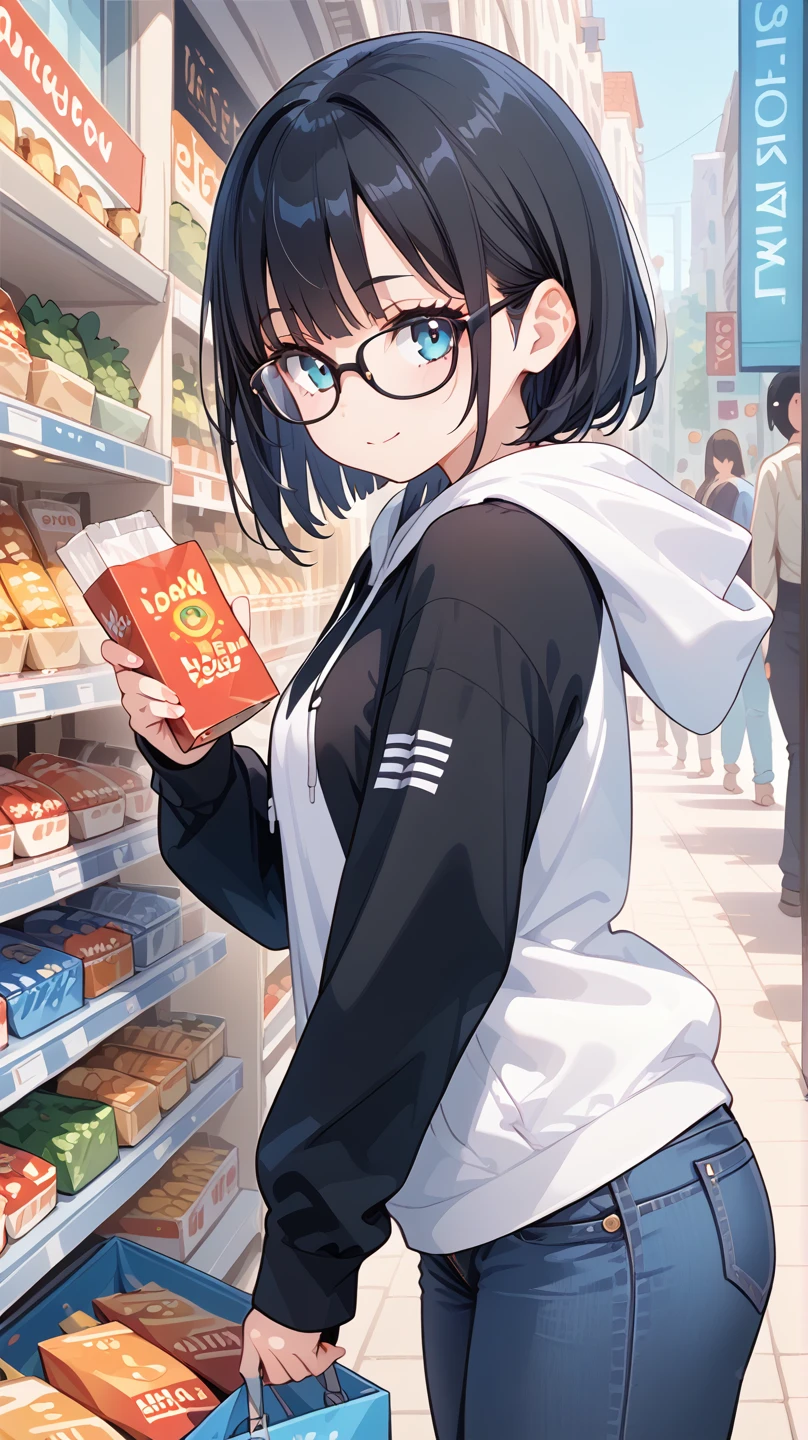 Black Hair,Glasses, hoodie,jeans,shopping,  Hi-Res, 最高quality, Accurate, 高quality, quality,    very detailed,
