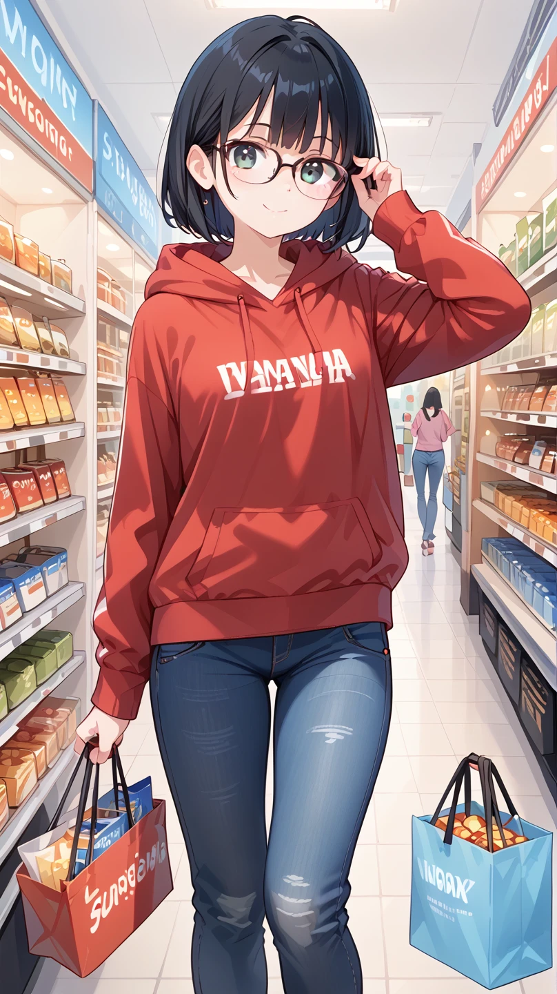 Black Hair,Glasses, hoodie,jeans,shopping,  Hi-Res, 最高quality, Accurate, 高quality, quality,    very detailed,
