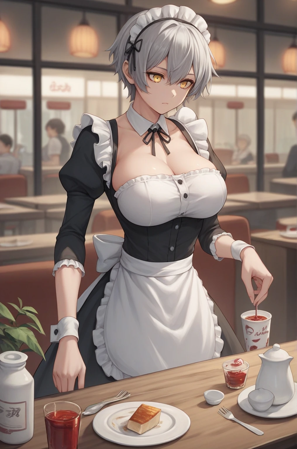 Anime artwork  score_9,  score_8_up,  score_7_up,  score_6_up,  score_5_up,  score_4_up, sauce_Anime, break,
Miyabi_4xl size, Yellow Eyes,  short hair, Gray Hair, break,  maid clothes, Pose, Cafe,Big Breasts
