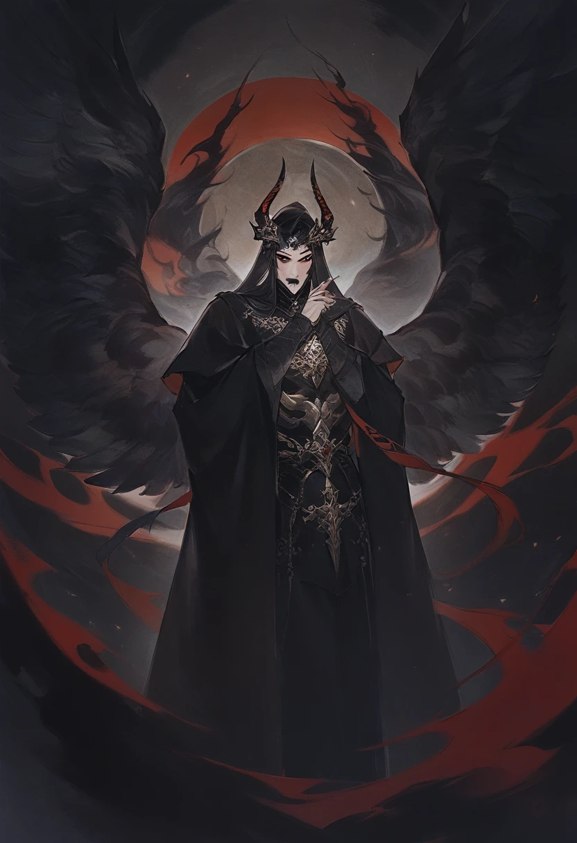 Black winged angel, wearing a black mask, long black hair, wearing a long-sleeve shirt, having black side horns, red eyes, dark and black aura, best quality, illustration 
