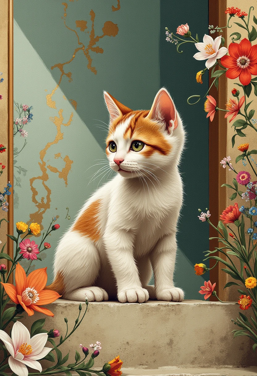  cute kitten on stone steps、Can see through light、 gold particles dancing 、  Vintage Oil Painting   、floral wall art  