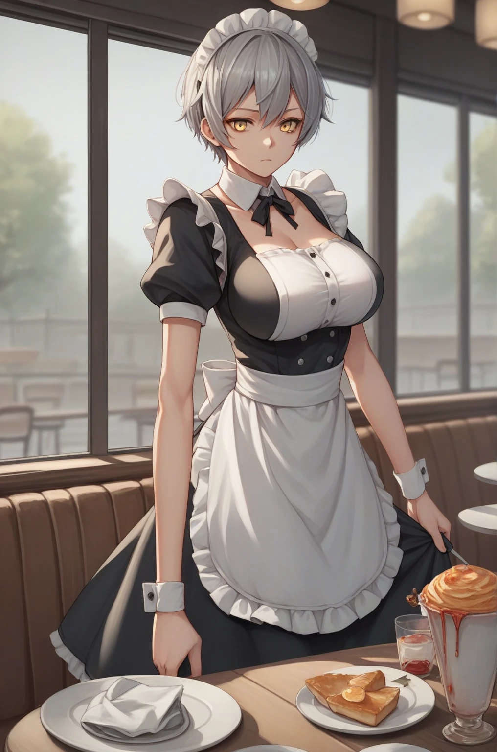 Anime artwork  score_9,  score_8_up,  score_7_up,  score_6_up,  score_5_up,  score_4_up, sauce_Anime, break,
Miyabi_4xl size, Yellow Eyes,  short hair, Gray Hair, break,  maid clothes, Pose, Cafe,Big Breasts
