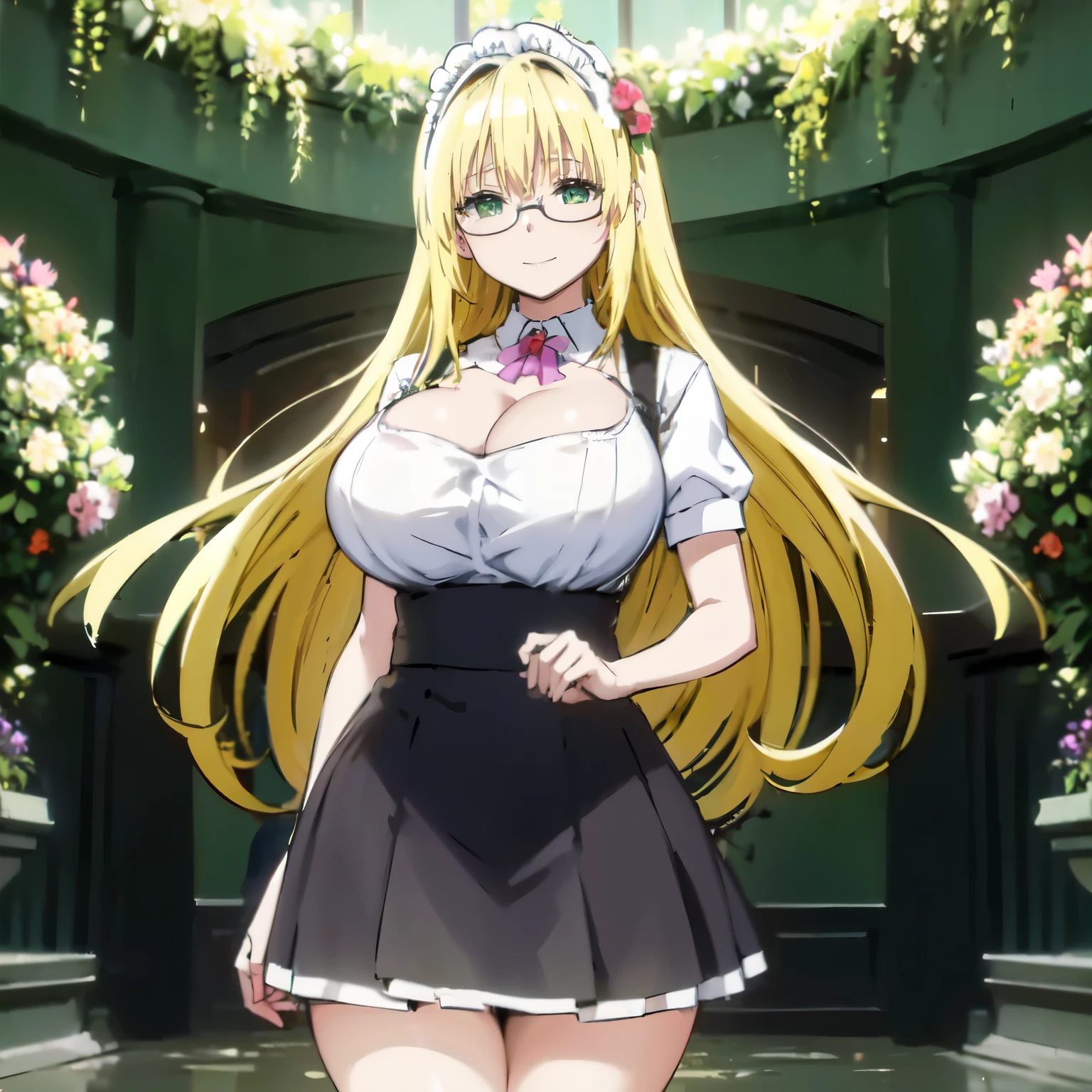 Blonde hair, very huge tits  , ((maid uniform)), ((long skirt,  glasses)), cleavage, thick, busty, ((green eyes)),upperbody, smile, legs, long hair,thigh, flower garden, spreads legs