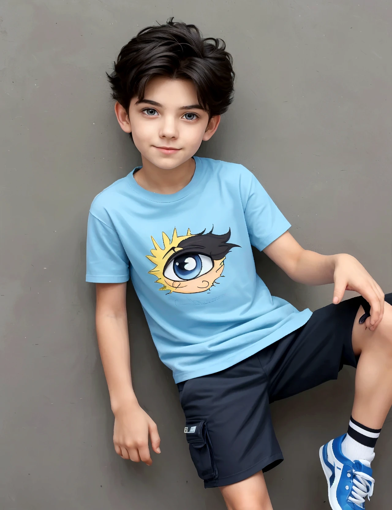  Create a Short Boy with slanted eyes and light brown eyes wearing a green t-shirt and jeans with a template