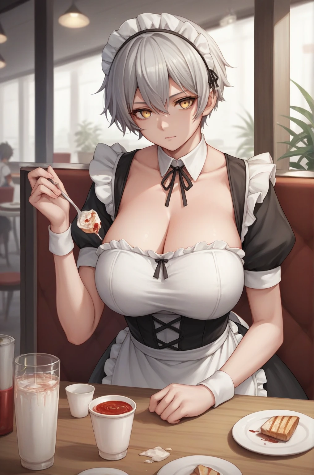 Anime artwork  score_9,  score_8_up,  score_7_up,  score_6_up,  score_5_up,  score_4_up, sauce_Anime, break,
Miyabi_4xl size, Yellow Eyes,  short hair, Gray Hair, break,  maid clothes, Pose, Cafe,Big Breasts　 cell animation 
