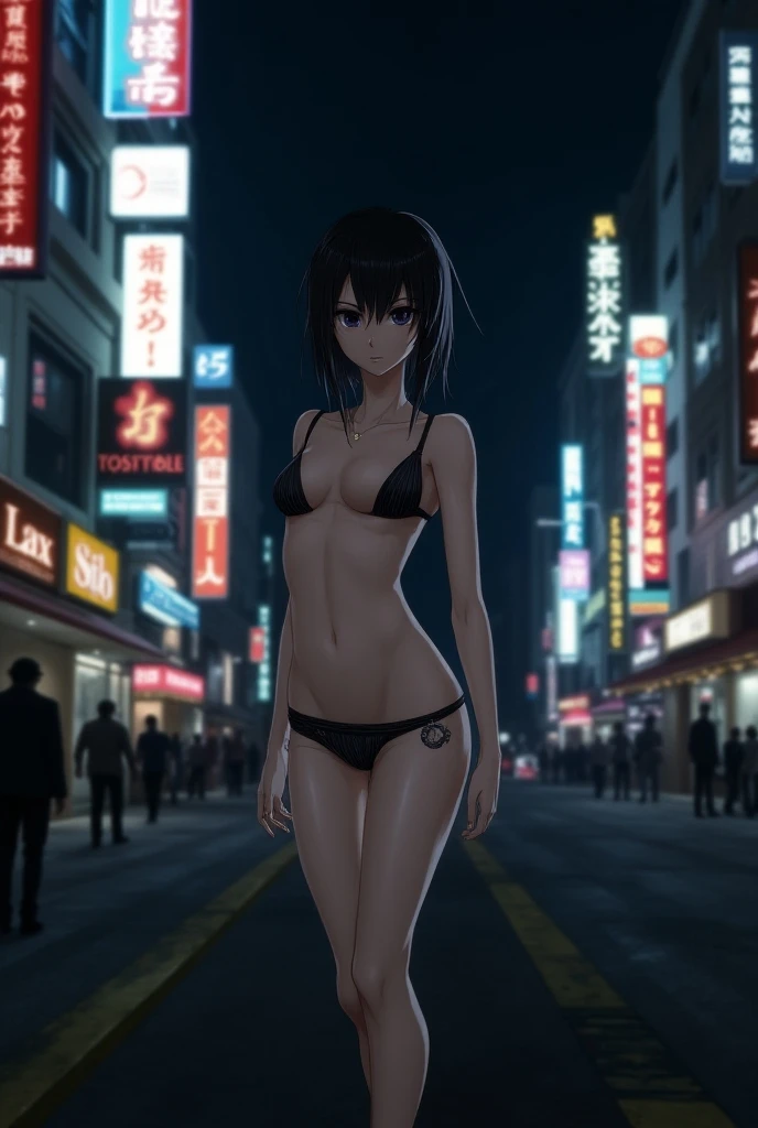 1woman, black hair, short hair, red eyes, bikini, standing on ground, high res, ultra sharp, 8K, masterpiece